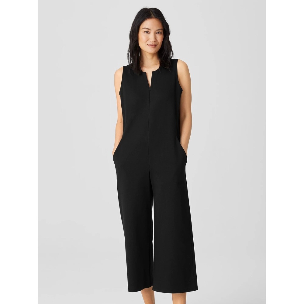 NWT Eileen Fisher Cotton Ponte Jumpsuit  XL Black Wide Leg V Neck Sleeveless